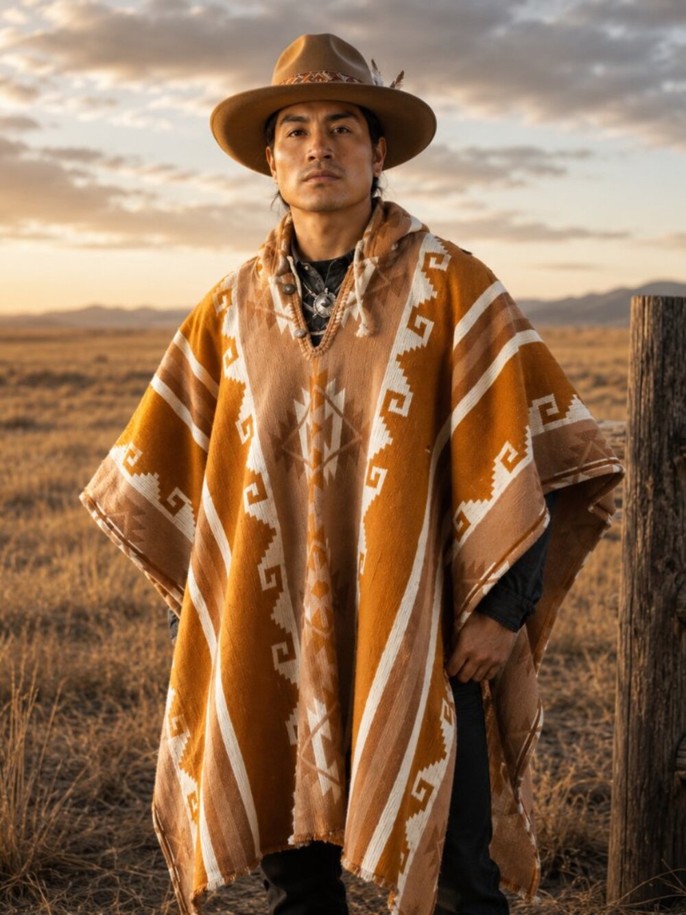 Handwoven Unisex Native American Hooded Wool Poncho - 100% Wool Pullover Coat